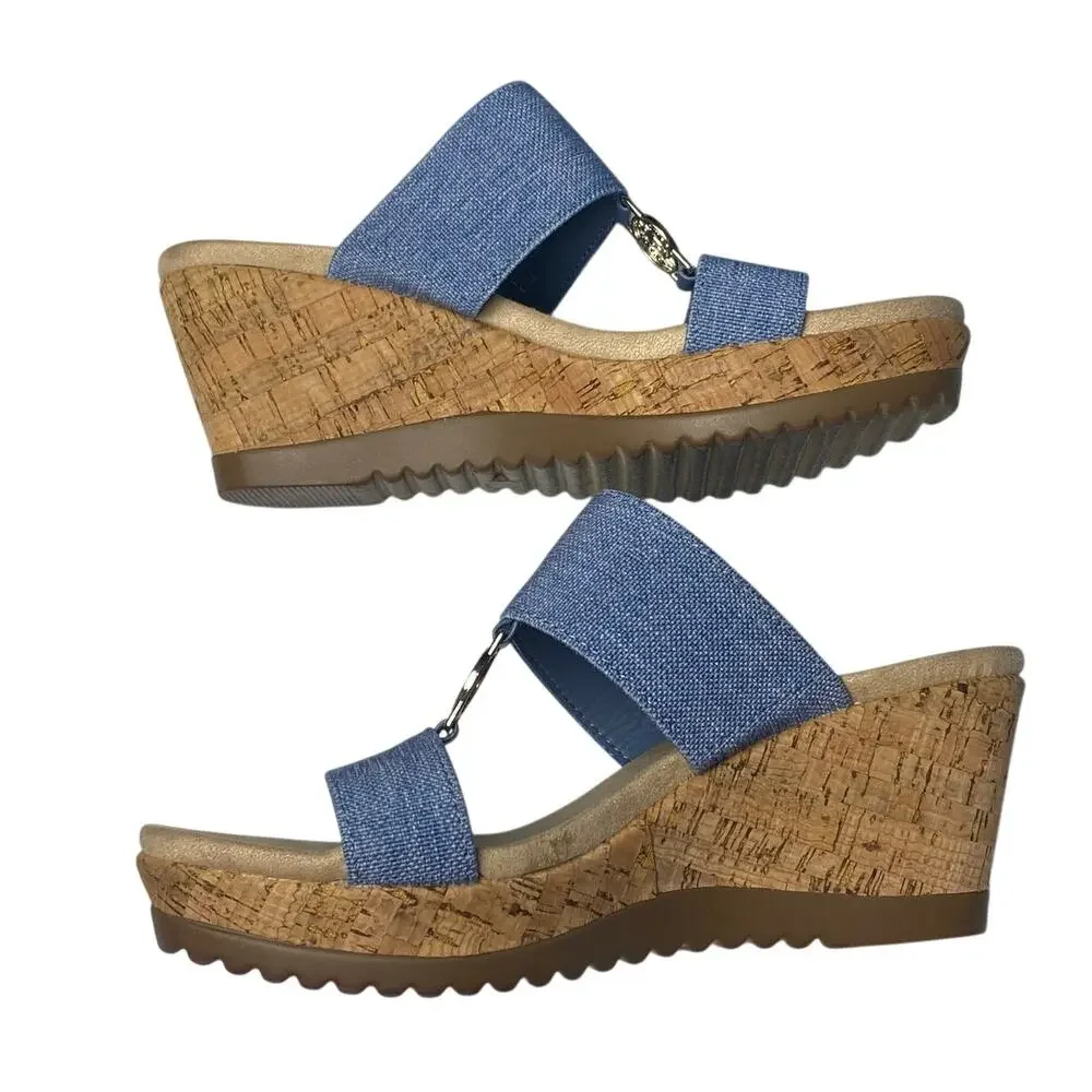 Anne Klein Reese Blue Canvas Wedge Cork Sandals Women's Size 7
